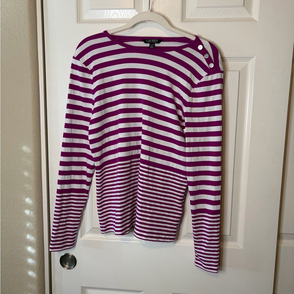 Women's Lauren Ralph Lauren Purple & White L/S Striped Button Detail Tee XL